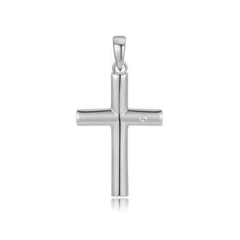 Sølv korsvedhæng med poleret overflade og lille sten, rhodineret, ca. 23 x 15 mm, fra Støvring Design.