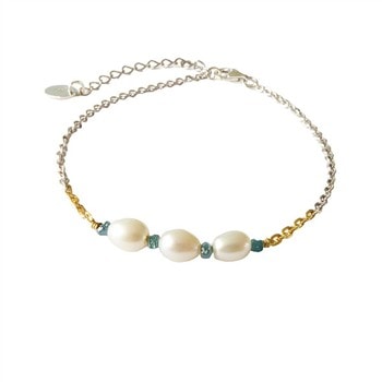 Bracelet & Necklace 925/585 - Rhodium w.Pearls & Blue Diamonds 42+8 cm, fra San - Links of Joy