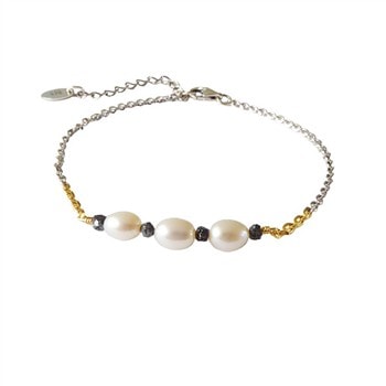 Bracelet & Necklace 925/585 -Rhodium w. Pearls & Black Diamonds 42+8 cm, fra San - Links of Joy