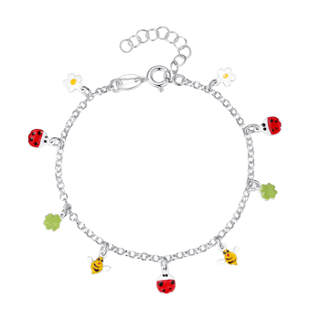 Sølv Armbånd med Blomst, Mariehøne, Firkløver og Bi