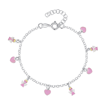 Sølv Armbånd med Hjerter og Engel i Pink Emalje, Støvring