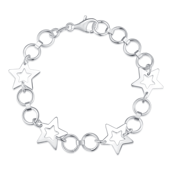 Sølv armbånd med stjerneformede led, forbundet af cirkulære ringe og lukket med en hummerlås.