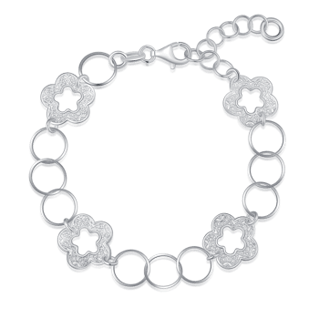 Sølv armbånd med blomsterdesign og cirkulære led. Justerbar kæde med hummerlås.