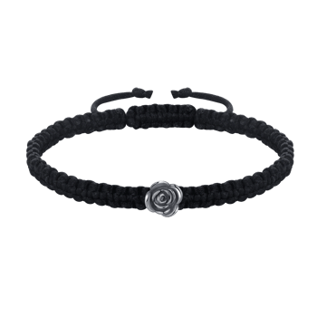 Sølv armbånd med knude-design, rosedetalje i midten, justerbar rem og to træksnore.