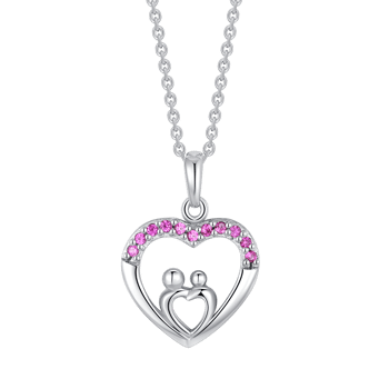 Sølv halskæde med hjertevedhæng, mor og barn design og pink cubic zirconia sten