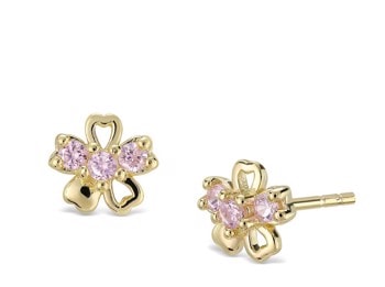 Ørestik sølv forgyldt blomst med pink zirkonia, fra L&G