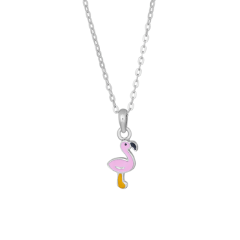 Halskæde med lyserødt flamingo vedhæng, sorte og gule detaljer, på sølvkæde med ovale led.