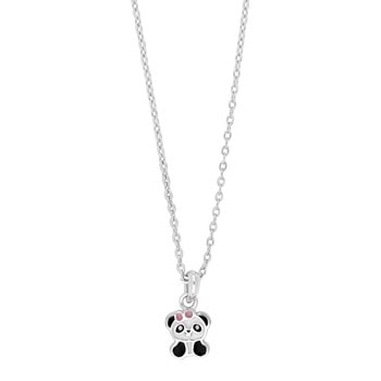 Sølvvedhæng formet som panda med sort, hvid emalje og pink detalje i panden på enkel kæde.