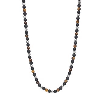 Kæde med perler af tigerøje, mat onyx og lava i nuancer af brun, sort og grå.