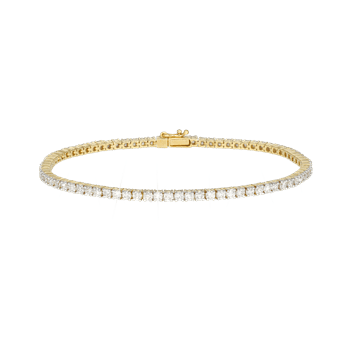 Elegant armbånd i guld med glitrende sten i en kontinuerlig række, klassisk og tidløst design.