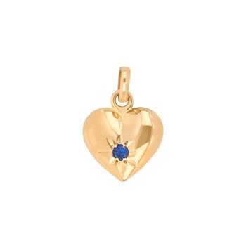 Hjerteformet 14kt guldvedhæng med blå syntetisk safir i midten, 9 mm, fra Siersbøl.