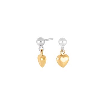Sølvørestikker med kugleformede studs og hængende guldfarvede hjerter, enkel og elegant stil.