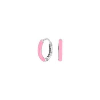 Runde øreringe med pink emalje, metalstruktur indeni, og lukkemekanisme.