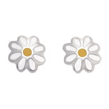 Rhod. sølvørestikker blomst m/hvid og gul emalje, fra Noa Kids