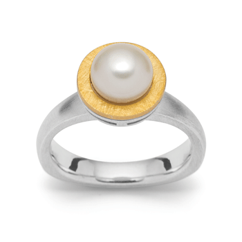 Sterling sølv Ring delvis forgyldt, rhodineret. mat/børstet, perle 2.66