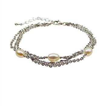 Armbånd - 3 rk.Rhodineret & Ferskvandsperler 18+4 cm, fra San - Links of Joy