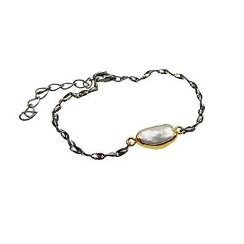 Armbånd - Forgyldt/sort-blank rhodineret med Barok Ferskvandsperle 42+8cm, fra San - Links of Joy