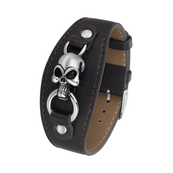 Sort armbånd med metallisk kraniedesign og spænde. Synlige syninger og justerbar størrelse.