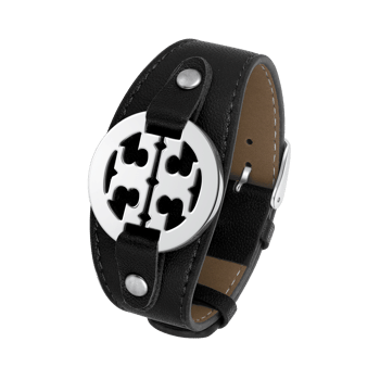 Sort læderarmbånd med synlig syning, rundt stålornament med mønster og spænde.