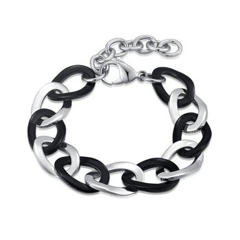 Bredt armbånd med sorte og metalliske led, justerbar kæde og hummerlås, 19 + 6 cm langt.