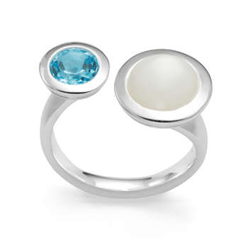 925/- Ring, rho. mat/pol.,blå topas, månesten, fra Bastian Inverun