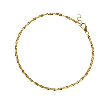 Snoet guldfarvet armbånd med karabinlås og forlængerkæde, elegant og cirkulært design.