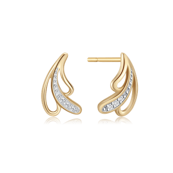 Elegante guld ørestikker fra Støvring Design med bladform og indlagte sten i den indre kurve.