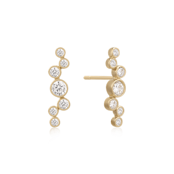 Guld ørestikker med cirkulære sten i gradueret mønster, symmetrisk design, set fra siden.