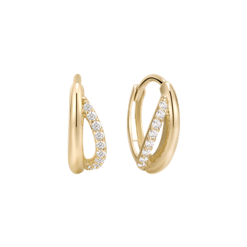 Elegante, ovale guld ørestikker med klare sten langs den ene side, moderne og symmetrisk design.