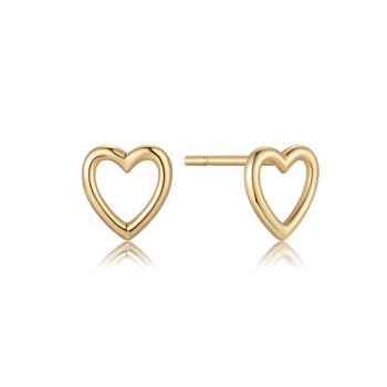 Guld ørestikker i minimalistisk design, hjerteformet med åben center og glat overflade.