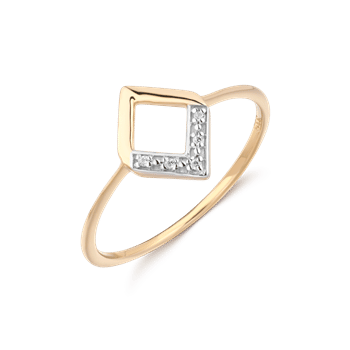 Tynd guldring med kvadratisk udsmykning, delvist dekoreret med skinnende sten, minimalistisk design.