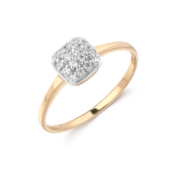 Elegant guld ring med firkantet top, besat med små sten og glat, poleret ringbånd.