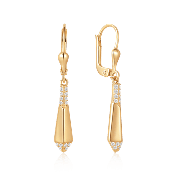 Guld ørehængere med dråbeform og små sten, lever-back lås, fra Støvring Design.