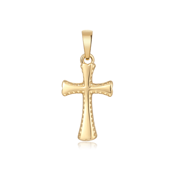 Guld korsvedhæng med dekorative prikker og poleret finish. Symmetrisk design fra Støvring Design.