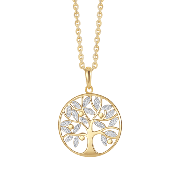8 kt. guld vedhæng med livets træ og syntetiske cubic zirconia på en forgyldt sølvkæde.