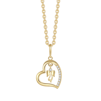 8 kt. guld vedhæng formet som skævt hjerte med cubic zirconia og en engel indeni, forgyldt sølvkæde justerbar fra 42-45 cm