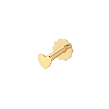 Guld labret piercing fra Støvring Design med hjertefront og bølget bagstykke.