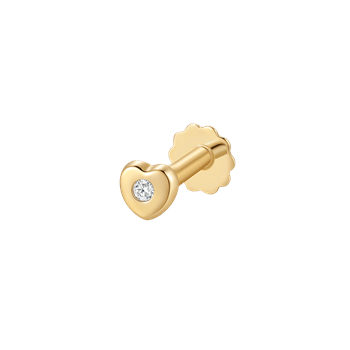 Guld labret-piercing med hjerteformet front, klar sten i midten, cylindrisk stang, flad bagplade.