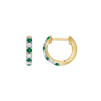 Guld creoler fra Støvring Design med grønne og klare sten, elegant og dekorativ stil.