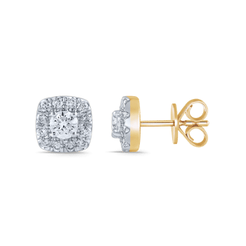 Kvadratiske guld ørestikker med central diamant omgivet af mindre diamanter, 14 karat.