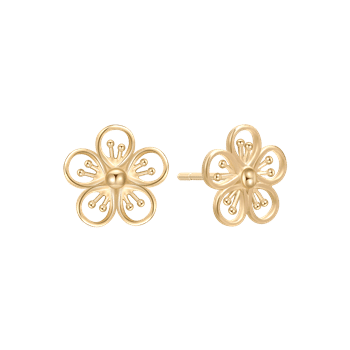 Guld ørestikker fra Støvring Design, blomsterform med fem glatte kronblade og kugleformet midte.