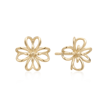 Skinnende guldørestikker formet som symmetriske blomster med flere detaljerede kronblade.