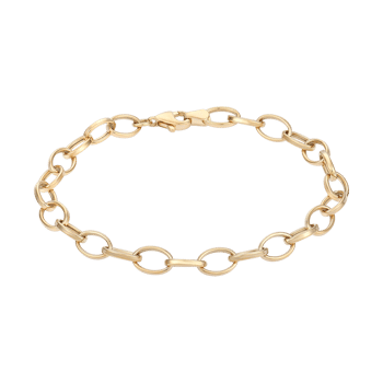 Elegant armbånd med ovale led i skinnende guld og sikker låsemekanisme.