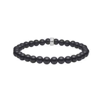 Sort armbånd med 6mm agatperler og en enkelt sølvfarvet perle i midten. Elegant og minimalistisk design.