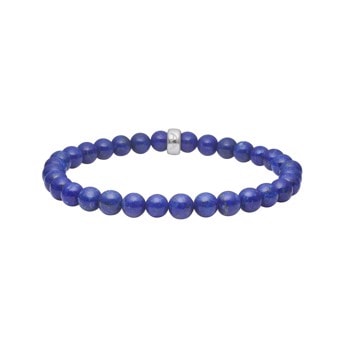Blåt armbånd med runde perler og en enkelt sølvperle. Elegant og enkelt design.