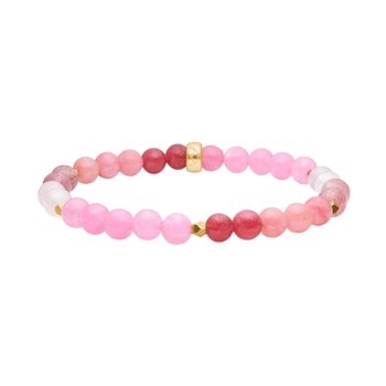 Armbånd med perler i rosa nuancer og guld, lavet af rosa kvarts, kirsebærkvarts og hæmatit.