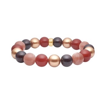 Armbånd med perler i rød, brun, orange og guld nuancer, 12mm, elegant og farverigt design.