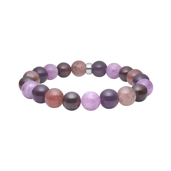Armbånd med 12 mm perler i lilla, rosa og rødbrune nuancer. Elegant og farverigt design.