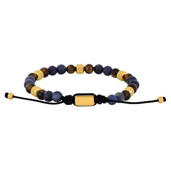 Armbånd med blå sodalit og brun tigerøje perler, gyldne detaljer, sort snor og justerbar lukning.