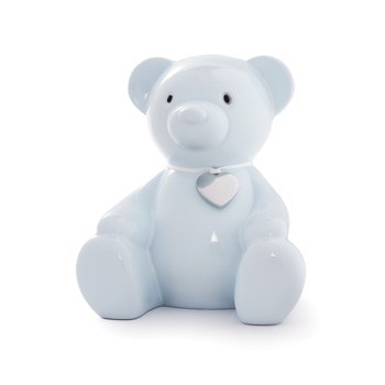 Lyseblå sparebøsse bamse m/ graveringsplade, fra Noa Kids